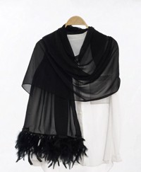 Chiffon Sjal, sort med fjer